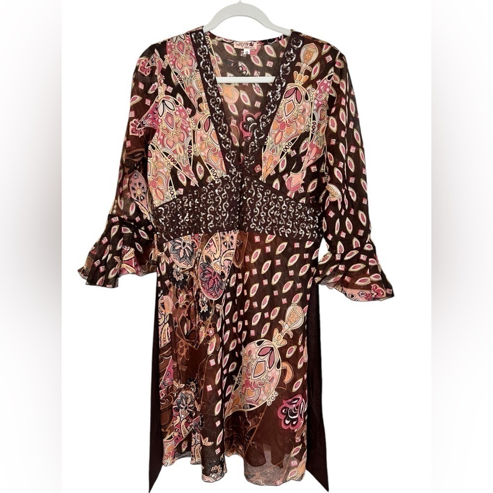 Wayan Cotton Dress with Tie and Sequins Brown Size